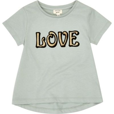 Mini girls mint green &#39;Love&#39; print T-shirt